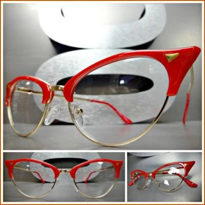 Elegante y Elegante Años 60 Retro Ojo de Gato Estilo Lente Transparente Gafas de Ojo Marco Rojo y Dorado Foto 1 de 4