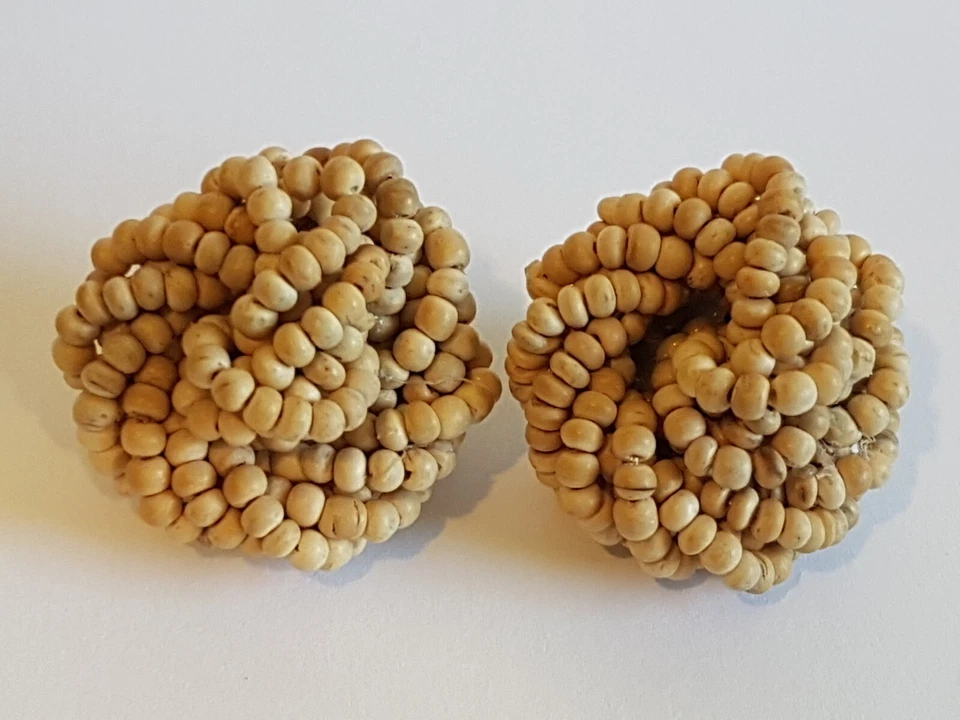 Vintage Wood Seed Bead Knot Clip On Kitsch Statement Costume Fashion Earrings - Image 1 of 4