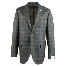 NWT $1050 LUIGI BIANCHI Green-Sky Blue Check Wool-Silk-Linen Sport Coat 44 L