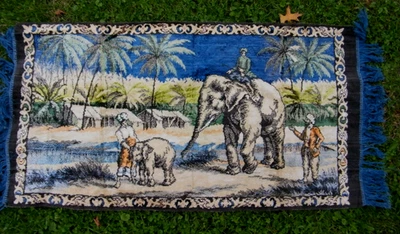 Vintage Velvet Tapestry Wall Hanging Elephants Palm Trees Indian 44X21" w/fringe - Image 1 of 4