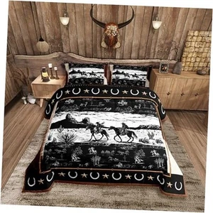 Western Comforter Set Size Horse Cowboy Bedding Set for Boys Men Full Black - Picture 1 of 7