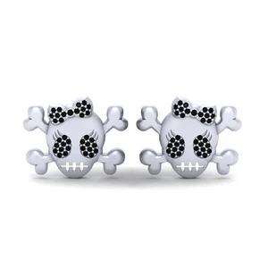Halloween Gothic Skull Earrings Silver Crossbones Lab Created Black Diamond Stud - Picture 1 of 7