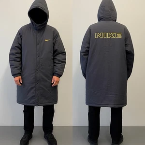 Vintage 90s Dark Grey Nike Big Logo Hooded Parka Trench Jacket—Large - Picture 1 of 11