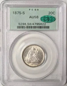 1875 S Seated Liberty Twenty Cent Piece 20c PCGS AU-58 CAC OGH - Picture 1 of 2