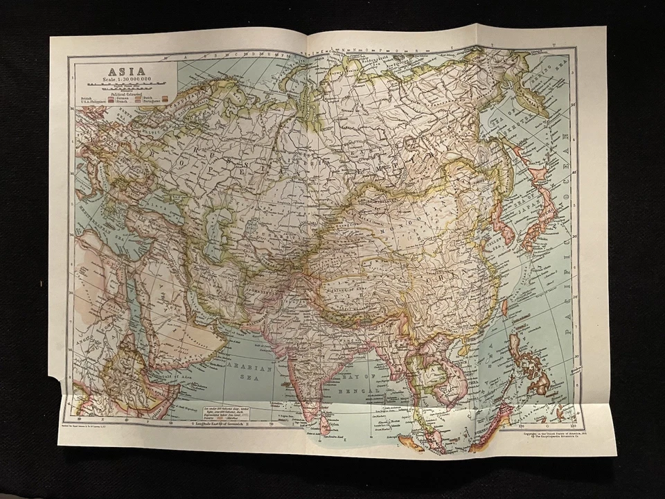 Map: Asia, color. c. 1910, extracted from Encyclopaedia Britannica; 16"w x 12"h - Image 1 of 1