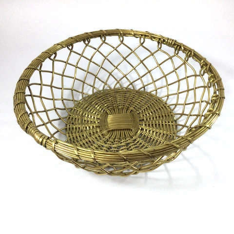Vintage Brass Basket Round Gold Metal Woven Bread Fruit Cover
