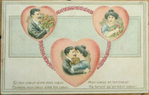 French Valentine Love 1910 Postcard, Couple in Hearts, Embossed Color Litho - Picture 1 of 1