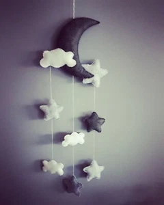 Cloud star moon baby mobile grey monochrome nursery silver bunting dark grey - Picture 1 of 6