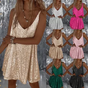 Womens Bling Sequin Sleeveless Sexy Mini Dress Ladies Ladies V Neck Casual Gowns - Picture 1 of 26