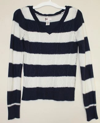 Suéter tejido con cable a rayas acrílicas SO para niñas - Talla: L - Blanco y azul marino Foto 1 de 3