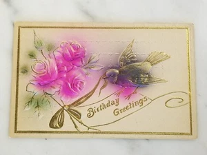 Geburtstagsgruß Postkarte mit Rosen & einem Vogel datiert 1913 - Bild 1 von 4