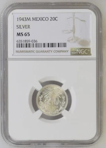 1943M Mexico 20 Centavos NGC MS65 .720 Silver - Picture 1 of 2