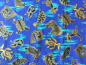Vtg CS Shamash & Sons Hawaiian Fabric 90 x 42 Blue Cotton Gold Accent Southwest - Picture 1 of 12