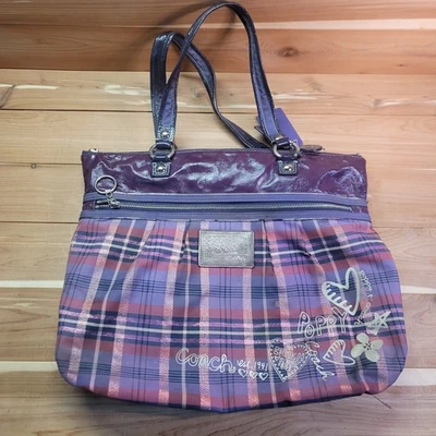 COACH POPPY TARTAN GLAM Purple Patent Leather Shoulder Shopper Purse 15886 Tote - Image 1 of 4