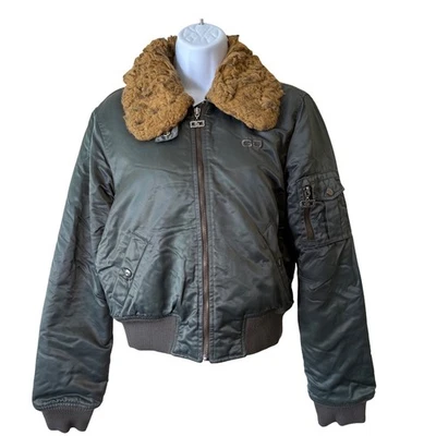 Guess подлинный Bomber куртка меховой воротник оливковый ретро винтажный женщин средний - Изображение 1 из 4