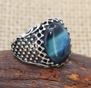 Blue Tiger's Eye Stone Solid 925 Sterling Silver Men's Ring - Picture 1 of 8