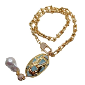 Gold Plated Chain Blue Larimar Freshwater White Keshi Pearl Pendant Necklace - Picture 1 of 8