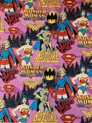 Wonder Woman Batgirl Cotton Fabric Remnant 25" x 42" DC Comics Pink Bkgrd - Image 1 of 3