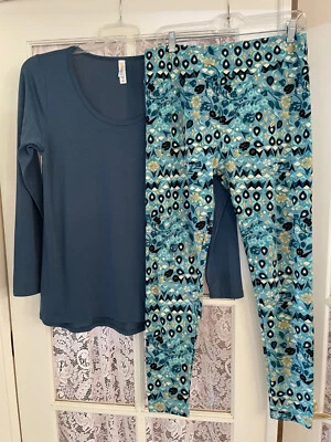 Lularoe Outfit Set Long Sleeve L Top Solid Blue Print Leggings TC 12-18 NWOT - Image 1 of 4