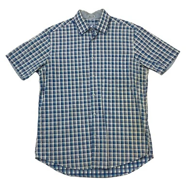 Bugatchi Shirt Mens L Large Blue Plaid Shaped Fit Short Sleeve Button Up Cotton - Image 1 of 4