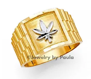 Men's 14k Solid Yellow Gold with White Gold Marijuana Leaf Band Ring - Picture 1 of 12