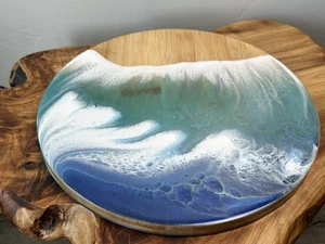 Charcuterie Board Bamboo Round RoyalHouse Ocean Beach 11.5” Coastal Resin Tray - Picture 1 of 9