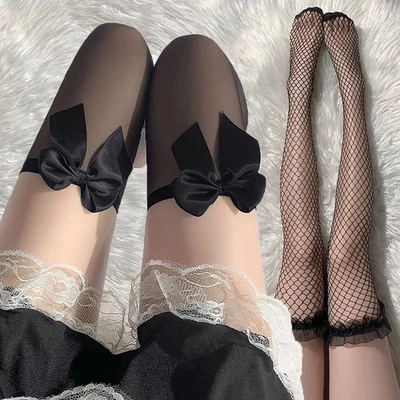 Women Lace Bow Mesh Thigh High Over Knee Fishnet Transparent Hollow Pantyhose - Image 1 of 4