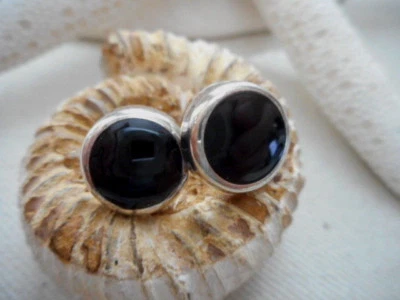 Small Sterling Silver Inlaid Onyx Button Earrings  RE527Y - Изображение 1 из 4
