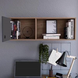 Shelf Storage Unit Wall Mounted With 1 Door 1 Shelf Oak Effect and Grey Finish - Picture 1 of 5