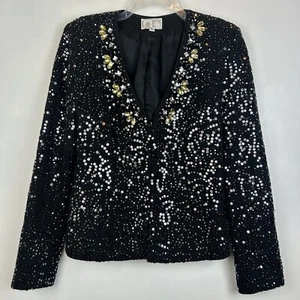 Alberto Makali Top Womens 10 Black Sequin Gems Long Sleeve Hook Evening Formal - Picture 1 of 9