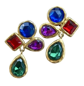 Vintage Earrings Multicolor Rhinestone Glass Gold Tone Mogul Clip On Modernist - Picture 1 of 6
