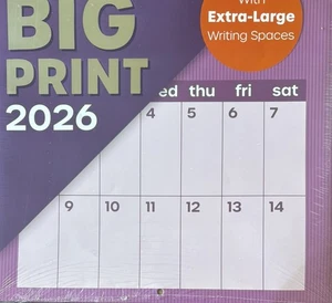 2026 BIG PRINT 12 Month Hanging Wall Calendar XL Writing Spaces Purple 12x24” - Picture 1 of 2