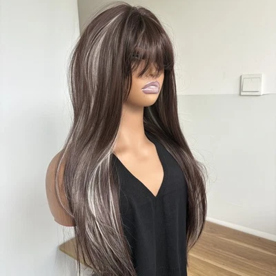 Mixed Brown blonde Long Straight Cosplay Wigs With Bangs Heat Resistant Hair - Image 1 of 4