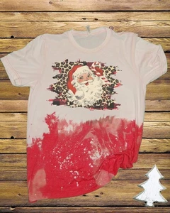 Leopard Santa Christmas Bleached Dye Canvas Girlie T Shirt - Picture 1 of 1