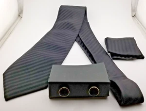 Men Tie Black Stripe Silk Necktie, Pocket Square, Cufflinks in Gift Box - Picture 1 of 8