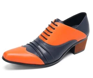 Men's Fashion British Pointy Toe Lace Up Color Matching Leather Shoes High Heels - Picture 1 of 8