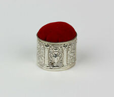 Vintage REO Sterling Silver and Red Velvet Pincushion, Repousse Leaf Designs