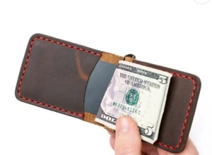 Popov Leather Money Clip Wallet Heritage Brown Hand-Sewn Tiger Thread - Picture 1 of 7