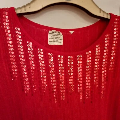 Vintage 70s  Sparkly Sequined Red Top. Size 12/14 Heavy, Silky Stretch Jersey - Image 1 of 4