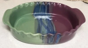 Bake Dish Holds Approx. 3.5c. Pottery Multi-color Fluted Edges, Handles. Signed. - Picture 1 of 11