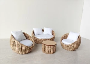 1:12 dollhouse miniature furniture set round wicker chairs, sofa, coffee table - Picture 1 of 18