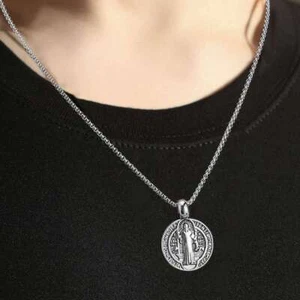 Saint St Benedict Medal Necklace Pendant Stainless Steel Crucifix Cross Exorcism - Picture 1 of 4