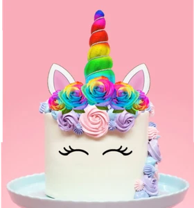 XL Unicorn Rainbow Horn & Flowers Edible Wafer Cake Topper Decoration Image (2D) - Picture 1 of 4