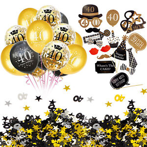 40. Geburtstag Party Deko Set - Ballons + Fotorequisiten + Konfetti Gold Schwarz