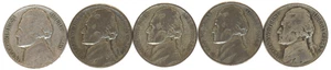 FIVE 1942-1945 WWII 35% SILVER JEFFERSON NICKELS ~ SILVER AT AN ALLTIME HIGH - Picture 1 of 3