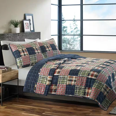 Madrona 3-Piece Blue Plaid Cotton Full/Queen Quilt Set Free Ship NEW - Image 1 of 4