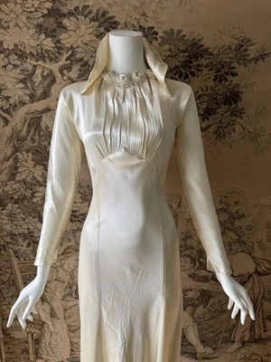 Vintage 1930s Dress Art Deco Wedding Gown Train Satin - Image 1 of 4