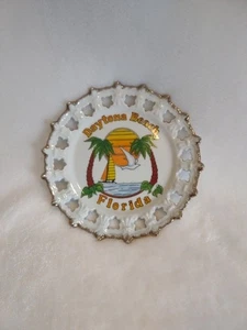 PLATO COLGANTE DE CERÁMICA RECUERDO FLORIDA DORADO VINTAGE 7" BLANCO ADORNADO CON ORO - Imagen 1 de 11