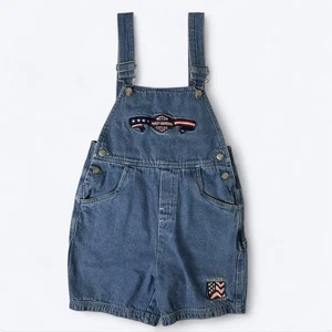 Vtg Harley Davidson Toddler Overalls Kids 3T? Denim Bikercore 90s Y2K Patriotic - Picture 1 of 16