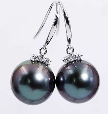 Новый 9-10 мм натуральный таитянский черный круглый жемчуг серьги 14K белое золото - Изображение 1 из 4